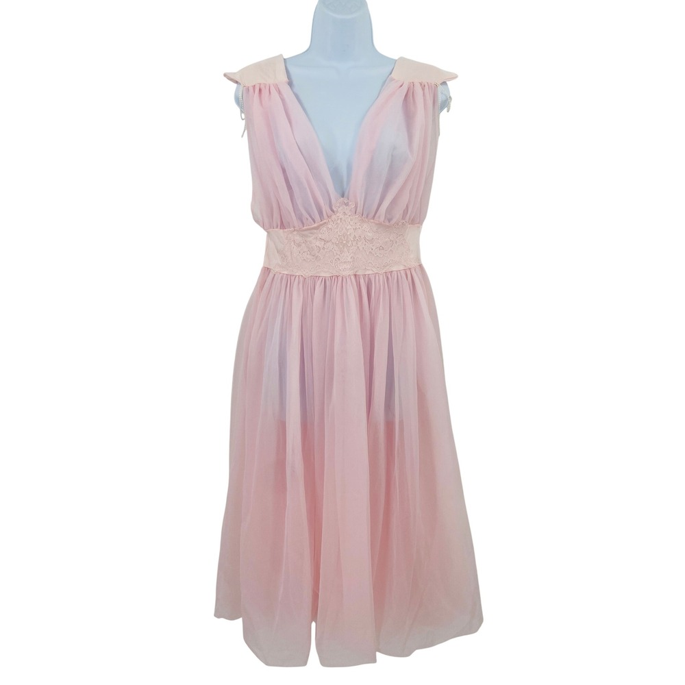 Vintage Nightgown Womens Medium Pink Lace Chiffon Sheer Pearl Details